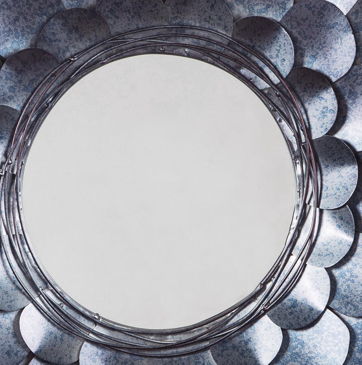 Round Metal Accent Mirror with Blooming Flower Shape in Blue and Silver - BM209357