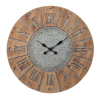 Round Wooden Frame Wall Clock with Metal Accents in Brown and Gray - BM209368