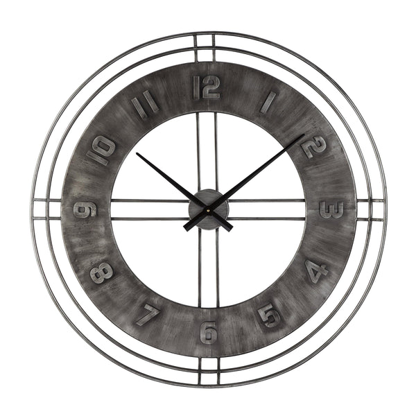 Industrial Round Metal Wall Clock with Roman Numerals in Gray - BM209373