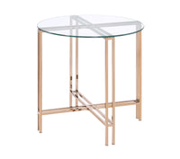 End Table with X Shaped Metal Base and Round Glass Top, Gold - BM209588