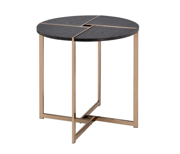 End Table with X Shaped Metal Base and Round Wooden Top, Gold and Gray - BM209591