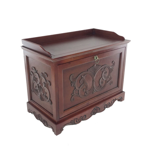 Engraved Wooden Shoe Cabinet with Drop Down Opening and Metal Hinges, Brown - BM210127