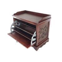 Engraved Wooden Shoe Cabinet with Drop Down Opening and Metal Hinges, Brown - BM210127