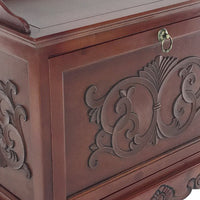 Engraved Wooden Shoe Cabinet with Drop Down Opening and Metal Hinges, Brown - BM210127