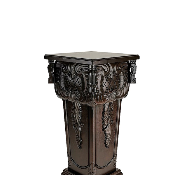 Elegantly Engraved Wooden Frame Pedestal Stand, Dark Brown - BM210128