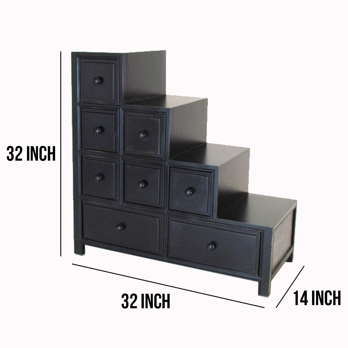 Wooden Frame Reversible Step Chest with 8 Drawers, Antique Black - BM210158