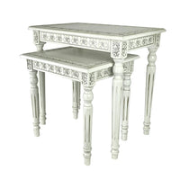 Elegantly Engraved Wooden Frame Nesting Table, Set of 2, Antique White - BM210164