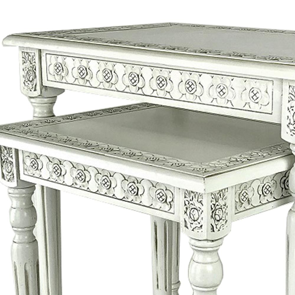 Elegantly Engraved Wooden Frame Nesting Table, Set of 2, Antique White - BM210164