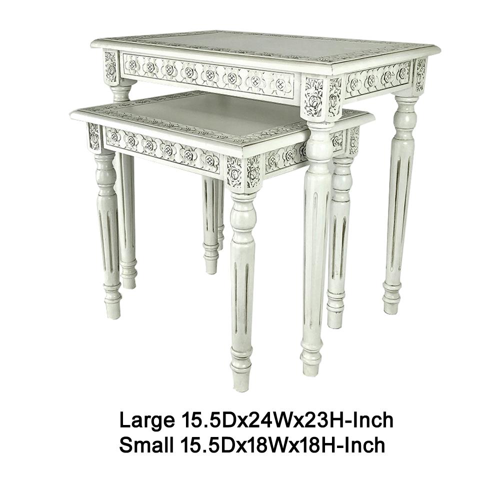 Elegantly Engraved Wooden Frame Nesting Table, Set of 2, Antique White - BM210164