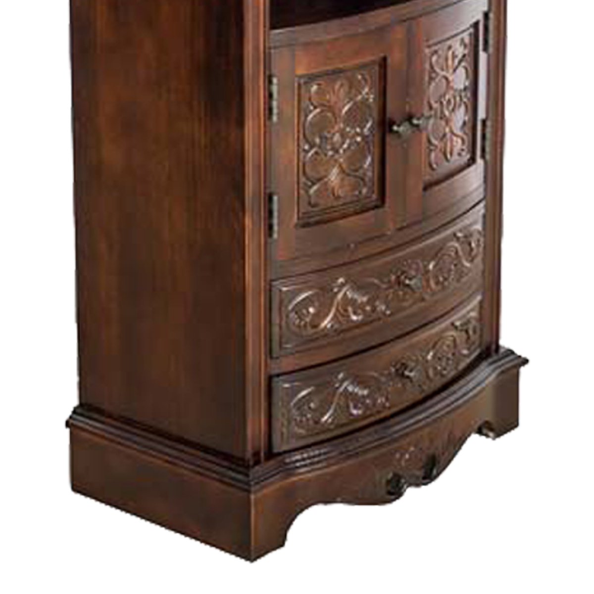 Engraved Wooden Frame Storage Cabinet with 2 Drawers and 2 Doors, Brown - BM210166