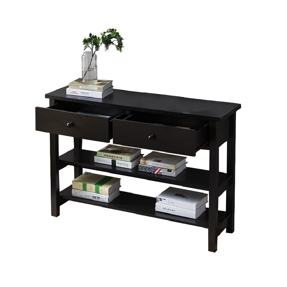 Two Drawer Console Table with Two Open Shelves and Block Legs, Dark Brown - BM210173