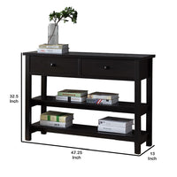 Two Drawer Console Table with Two Open Shelves and Block Legs, Dark Brown - BM210173