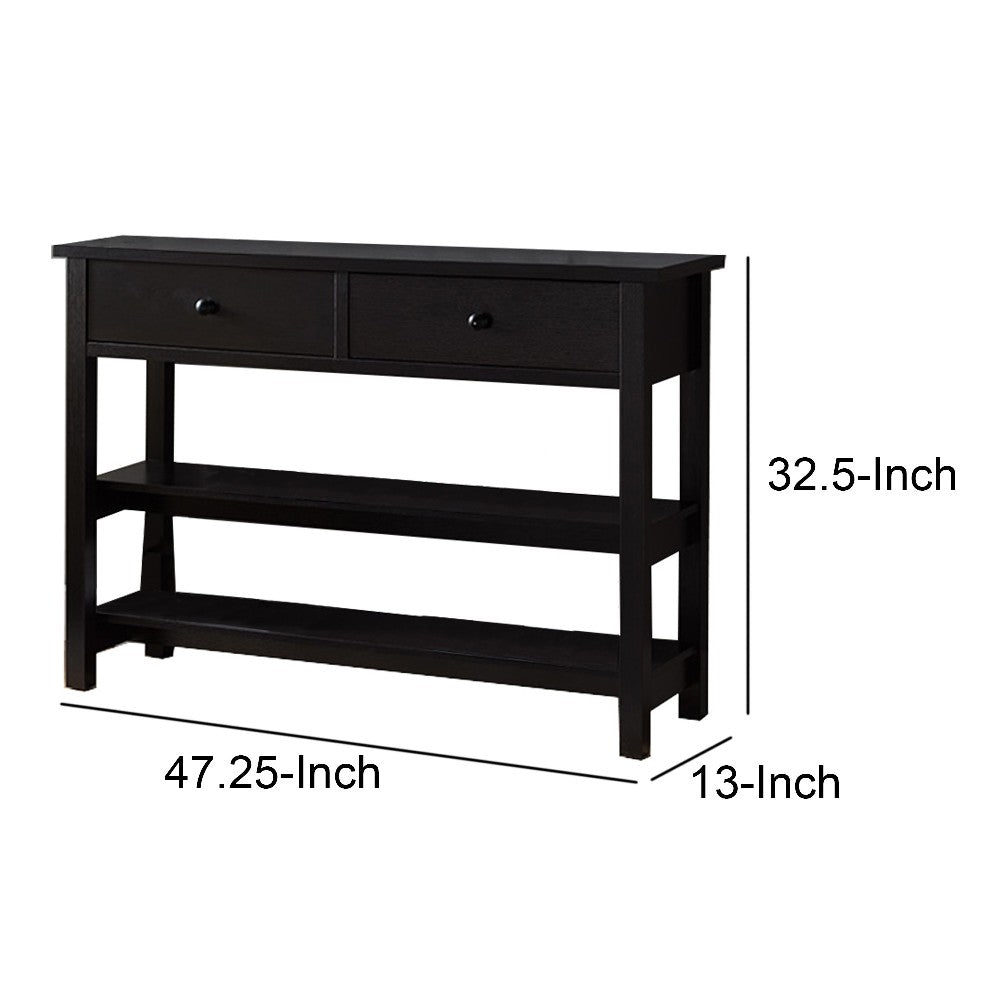 Two Drawer Console Table with Two Open Shelves and Block Legs, Dark Brown - BM210173