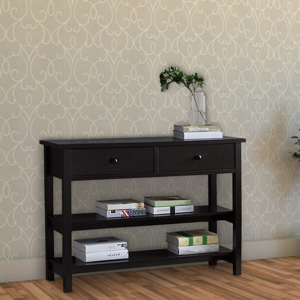Two Drawer Console Table with Two Open Shelves and Block Legs, Dark Brown - BM210173