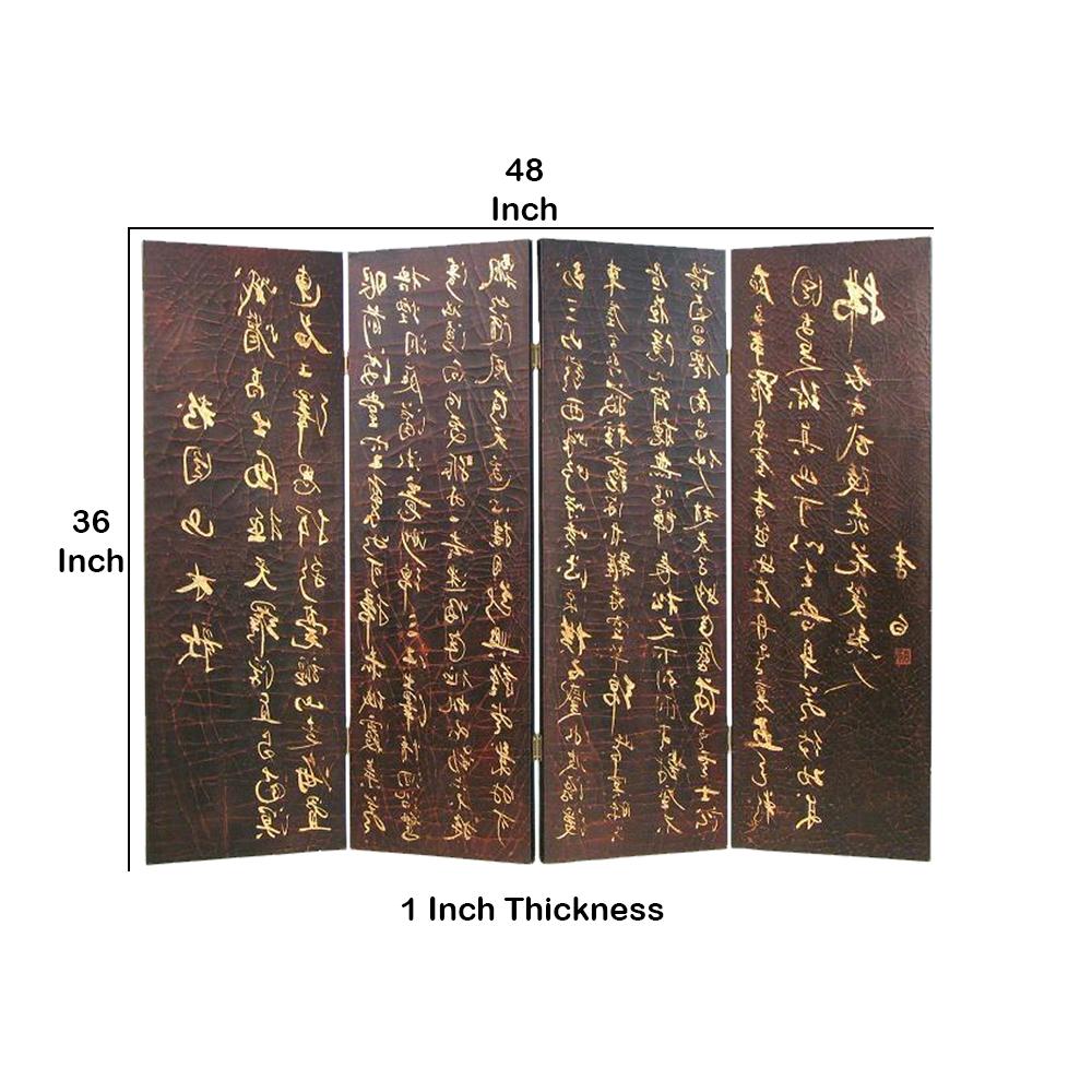 Traditional 4 Panel Screen Divider with Chinese Greetings, Brown and Gold - BM210405