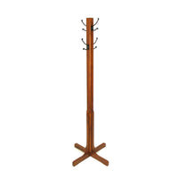 Wooden Coat Stand with X Frame Base and Metal Hooks, Oak Brown - BM210430