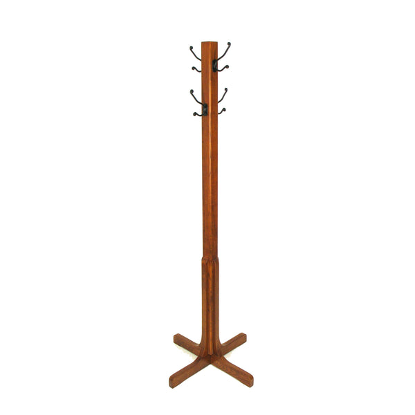 Wooden Coat Stand with X Frame Base and Metal Hooks, Oak Brown - BM210430