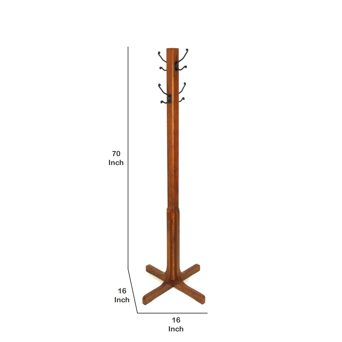 Wooden Coat Stand with X Frame Base and Metal Hooks, Oak Brown - BM210430