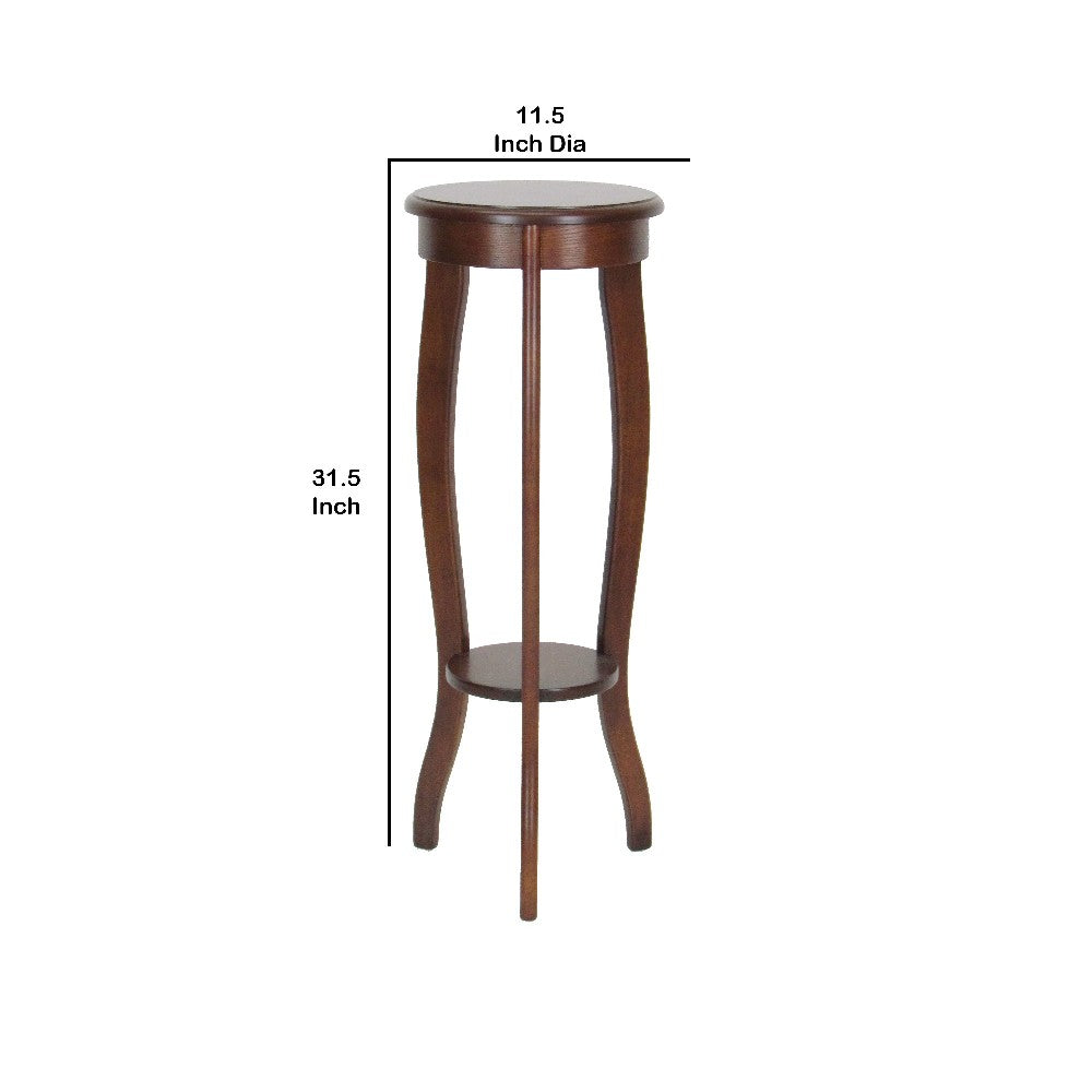 31.5 Inch Round Pedestal Stand with Open Bottom Shelf and Flared Legs,Brown - BM210431