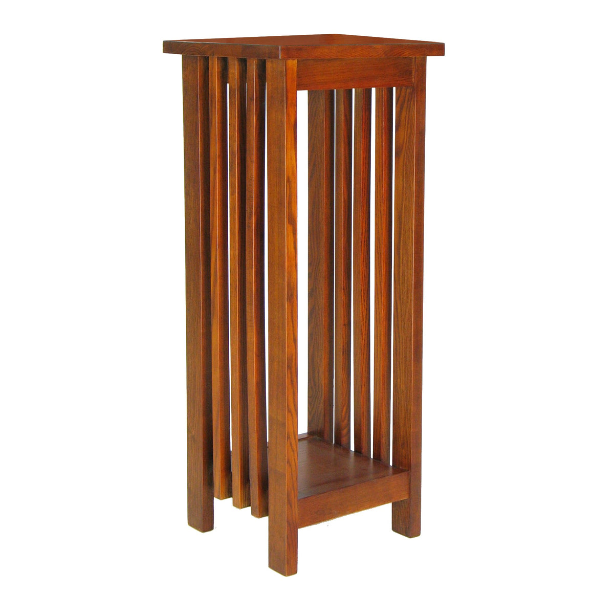 30 Inch Wooden Flower Stand with Bottom Shelf and Slatted Sides, Brown - BM210432