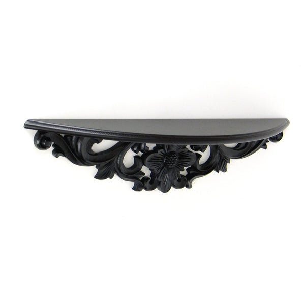 Hand Carved Wooden Moonbay Wall Shelf in Floral Design, Black - BM210437