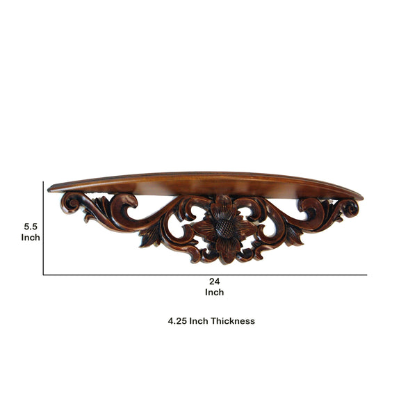 Hand Carved Wooden Floating Wall Shelf in Floral Design, Brown - BM210438