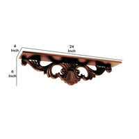 Hand Carved Wooden Wall Shelf with Floral Design Display, Brown - BM210442
