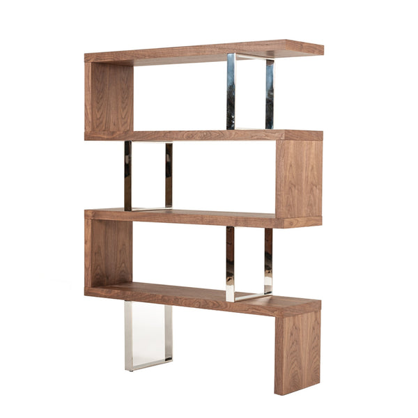Zig Zag Wooden Frame Shelf Unit with Metal Braces Support, Brown and Silver - BM210534