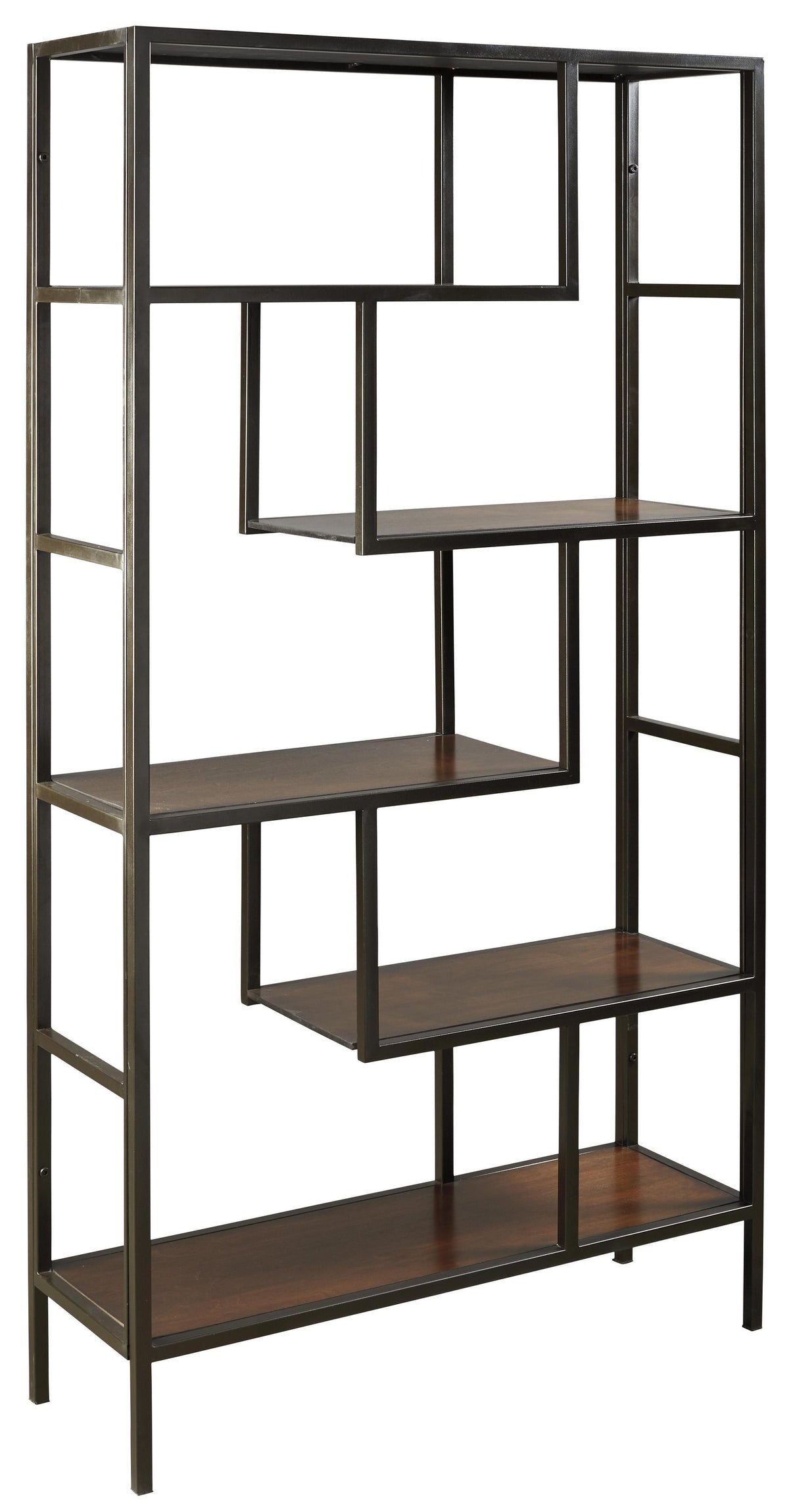 5 Shelves Asymmetric Design Bookcase with Metal Frame in Brown and Black - BM210649