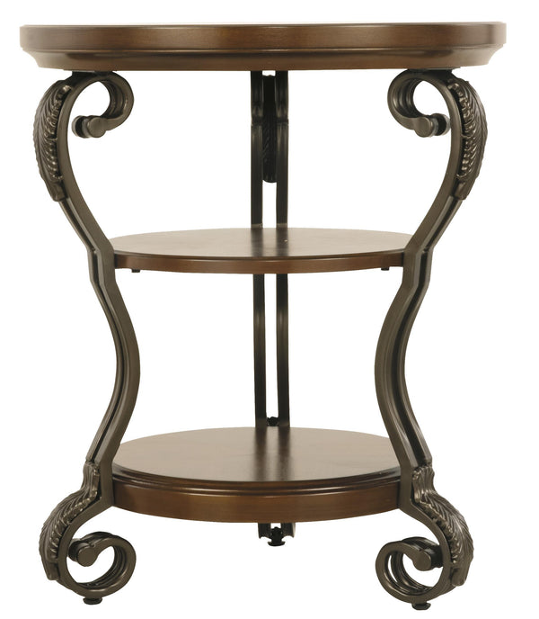 Chair Side End Table with 2 Open Shelves and Scrolled Metal Base in Brown - BM210676