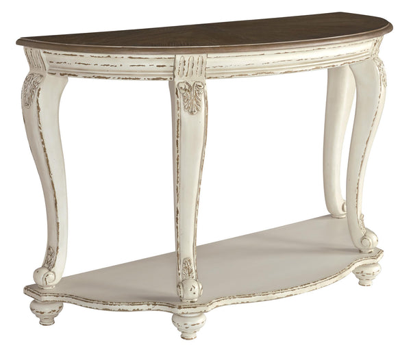 Crescent Moon Wooden Sofa Table with Engraved Details in Brown and White - BM210700