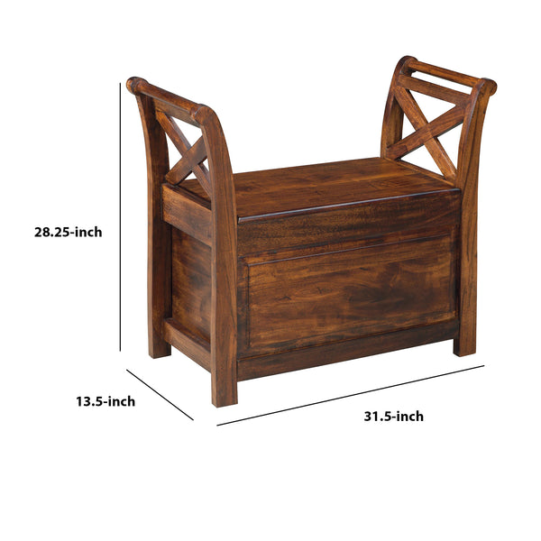 Hinged Seat Storage Wooden Bench with X Braces in Brown - BM210788