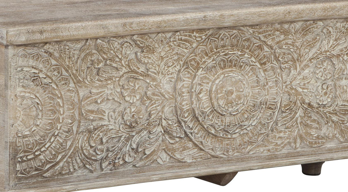 Medallion Pattern Wooden Storage Bench, Hinged Opening, Antique White, Black - BM210821