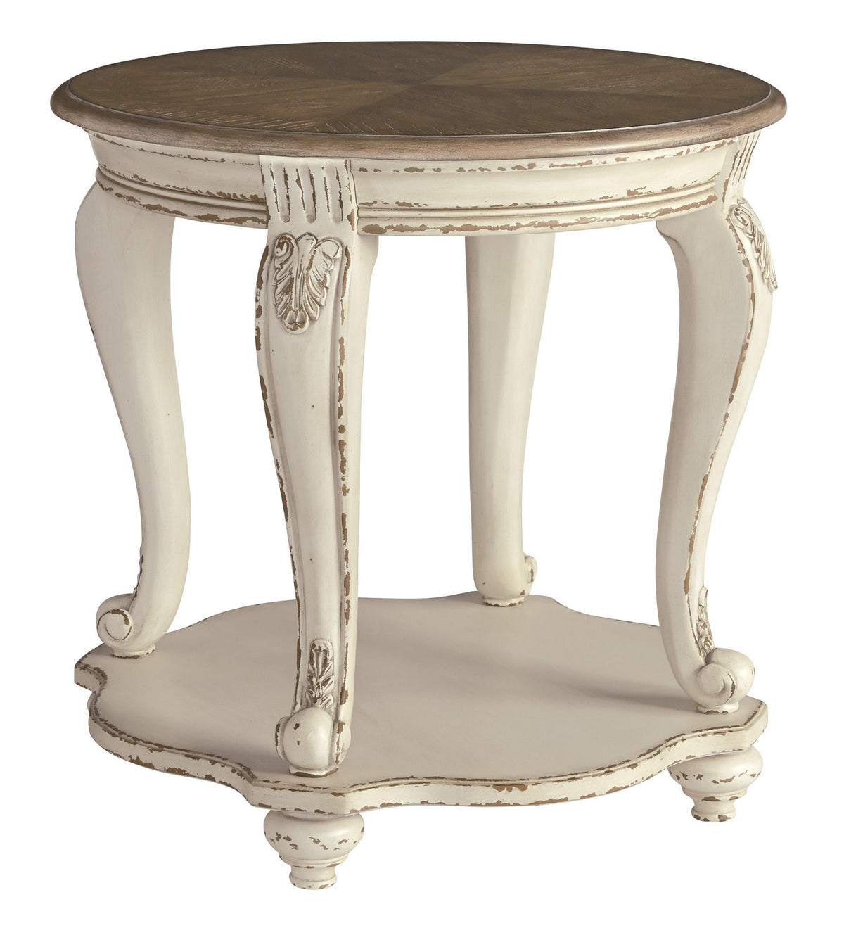 Round Wooden End Table with Open Bottom Shelf in Brown and Antique White - BM210872