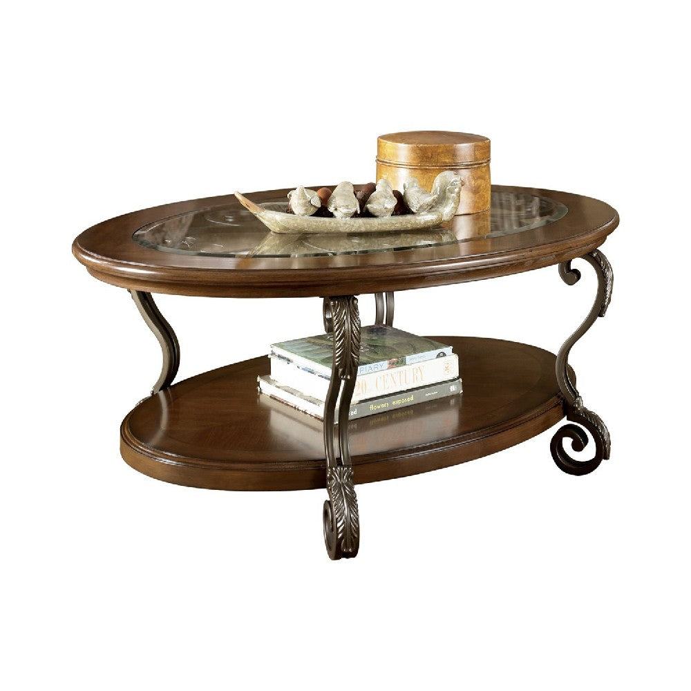 Wooden Oval Cocktail Table with Glass Top and Open Bottom Shelf in Brown - BM210962