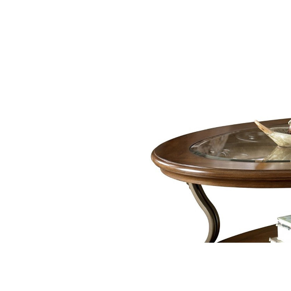 Wooden Oval Cocktail Table with Glass Top and Open Bottom Shelf in Brown - BM210962