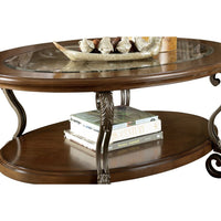 Wooden Oval Cocktail Table with Glass Top and Open Bottom Shelf in Brown - BM210962