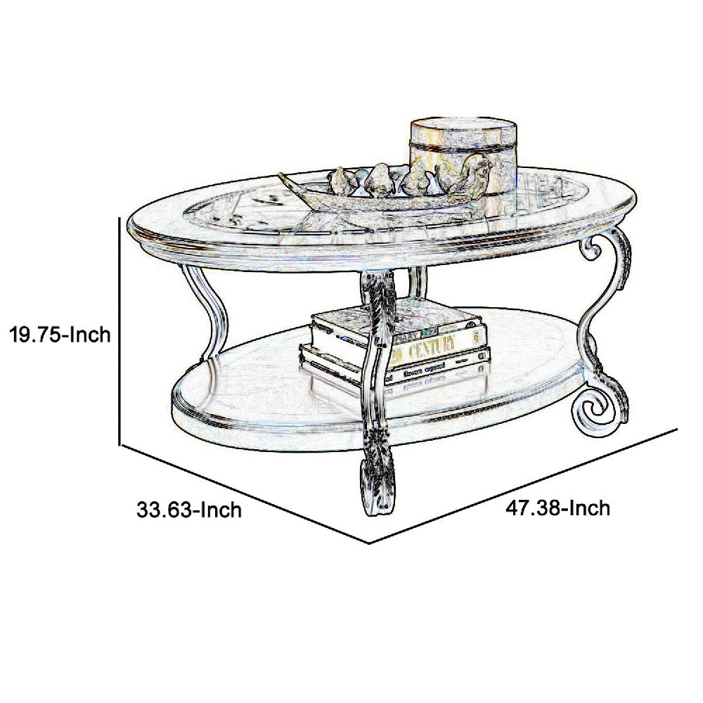 Wooden Oval Cocktail Table with Glass Top and Open Bottom Shelf in Brown - BM210962