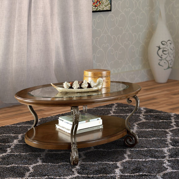 Wooden Oval Cocktail Table with Glass Top and Open Bottom Shelf in Brown - BM210962