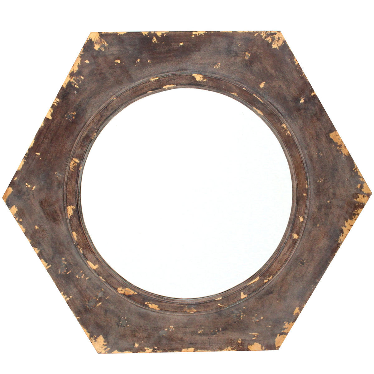 Rustic Style Wooden Wall Mirror with Hexagonal Frame, Silver and Brown - BM211048