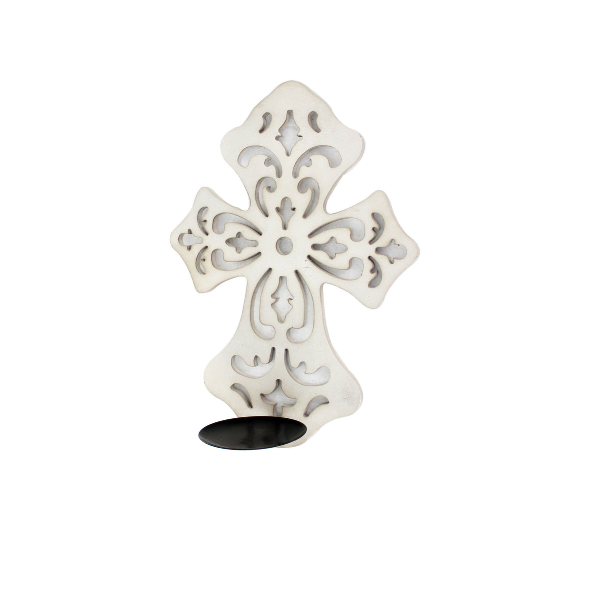 Cross Shaped Wooden Candle Holder with Scrolled Engravings, White - BM211079