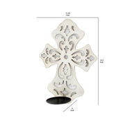 Cross Shaped Wooden Candle Holder with Scrolled Engravings, White - BM211079