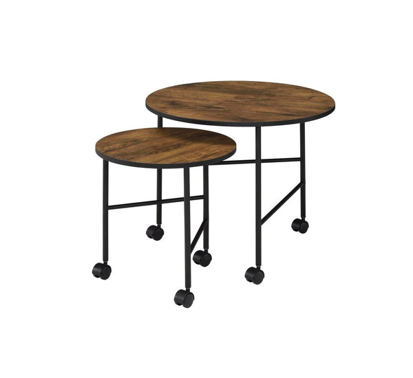 2 Piece Round Nesting End Table with Casters in Oak Brown and Black - BM211088