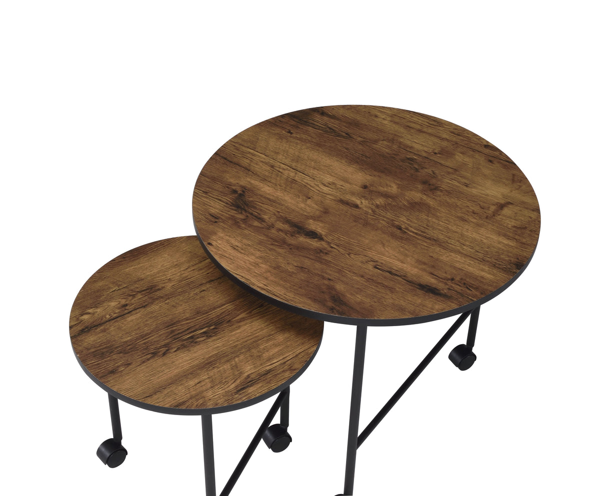 2 Piece Round Nesting End Table with Casters in Oak Brown and Black - BM211088