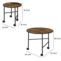 2 Piece Round Nesting End Table with Casters in Oak Brown and Black - BM211088