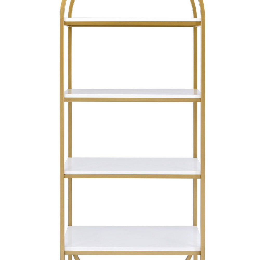 Arched Metal Frame Wooden Bookshelf with 4 Open Compartments,White and Gold - BM211101