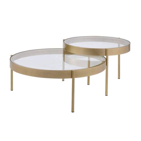 Contemporary Metal and Glass Round Nesting Table in Set of 2 in Gold and Clear - BM211120