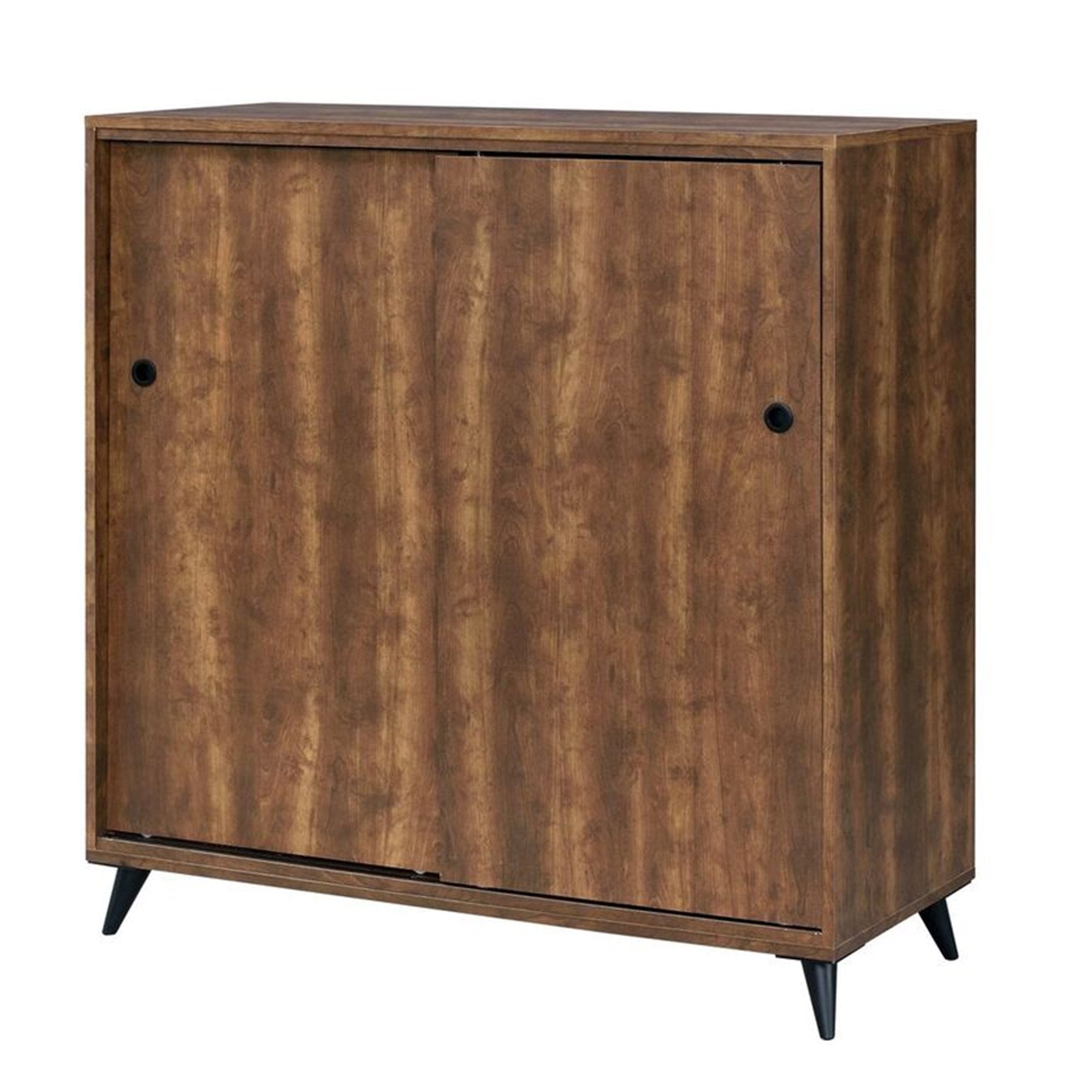benzara Wooden Shoe Cabinet with 2 Sliding Doors and Splayed Legs in Oak Brown - BM211129