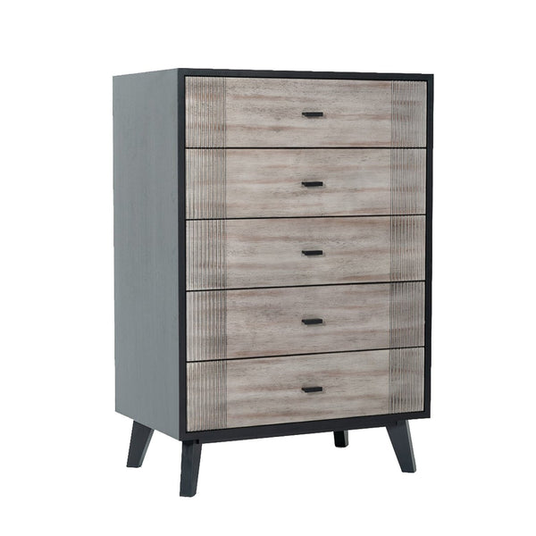 Wooden Chest with 5 Drawers and Metal Bar Handles, Gray and Black - BM211197