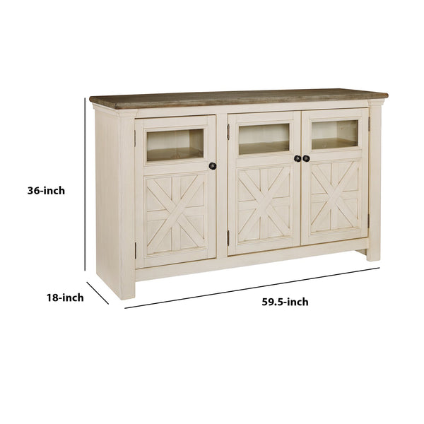 63 Inch TV Stand with 2 Cabinets and 4 Adjustable Shelves in Brown and White - BM213188